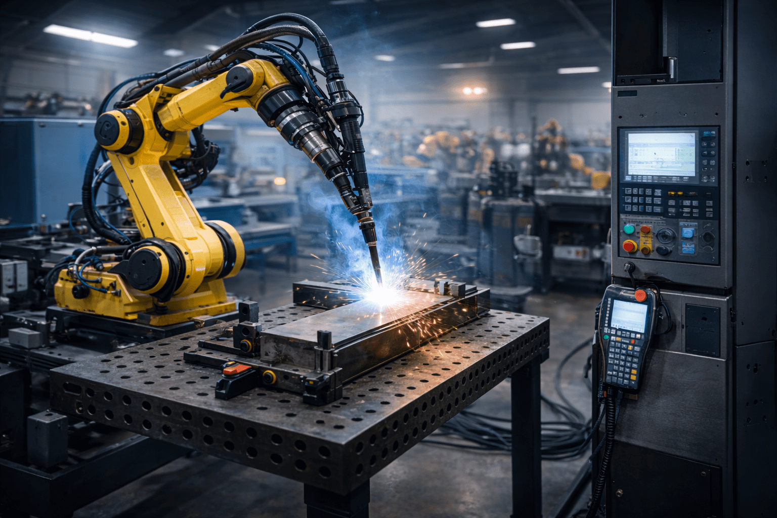 Robotic welding workstation performing automated sheet metal welding inside a modern industrial factory
