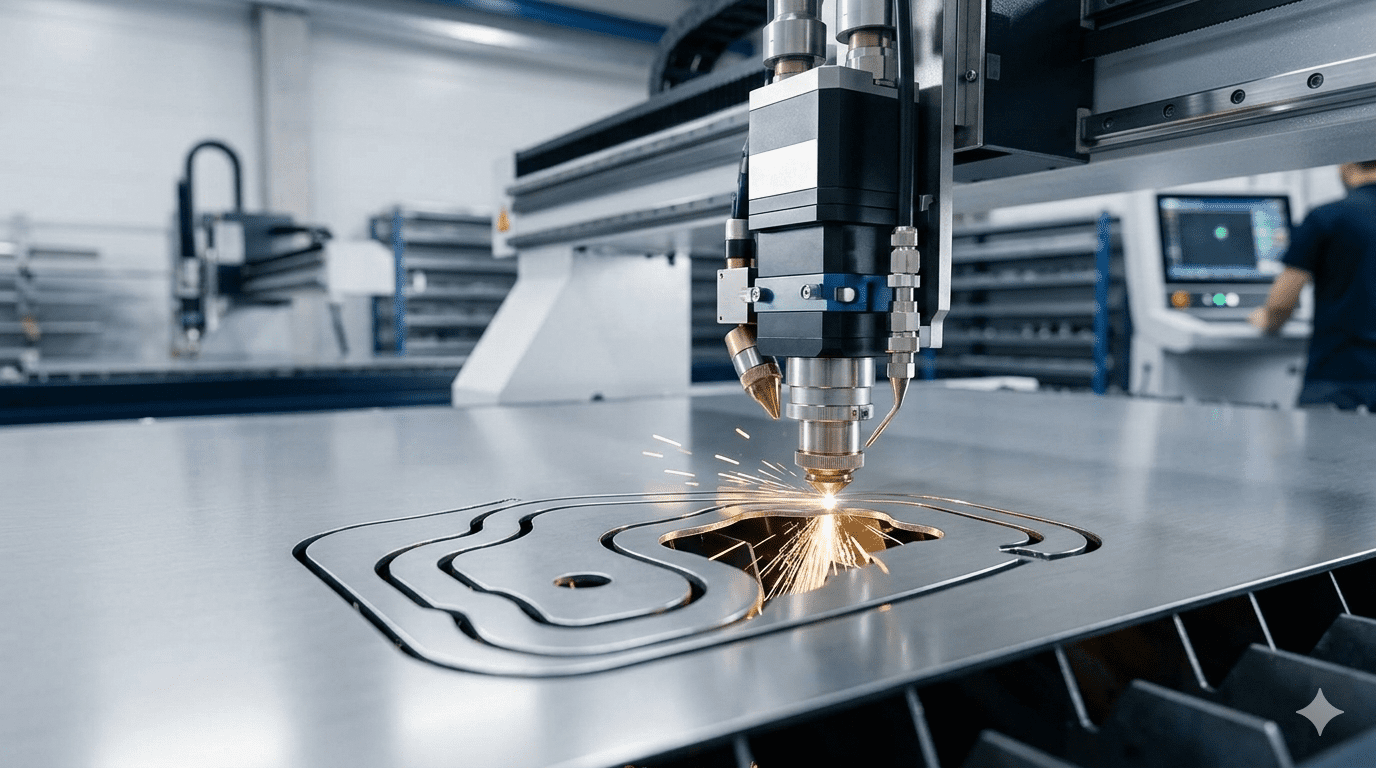 A high-precision CNC laser cutting machine head actively cutting an intricate contour pattern on a stainless steel sheet with sparks flying, illustrating advanced sheet metal fabrication.