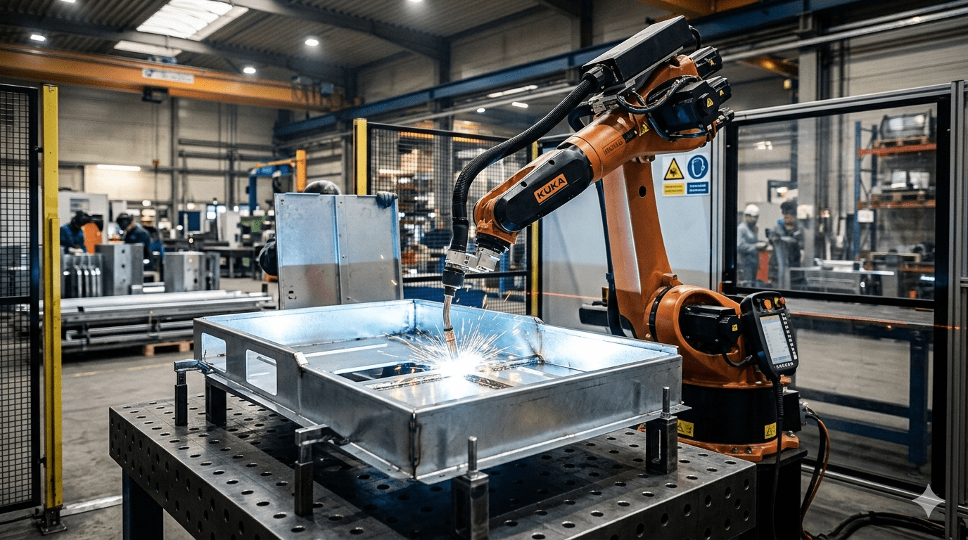 An industrial robotic arm performing automated welding on a galvanized steel enclosure in a modern sheet metal processing facility.